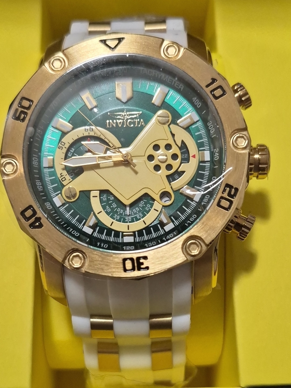 Invicta Gold Tone & White Watch with Green Dial